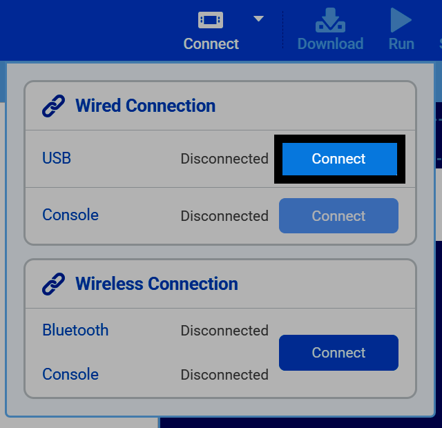 Captura de pantalla del cuadro de diálogo Conectar, con el botón Conectar resaltado en la sección Conexión por cable, junto a USB.