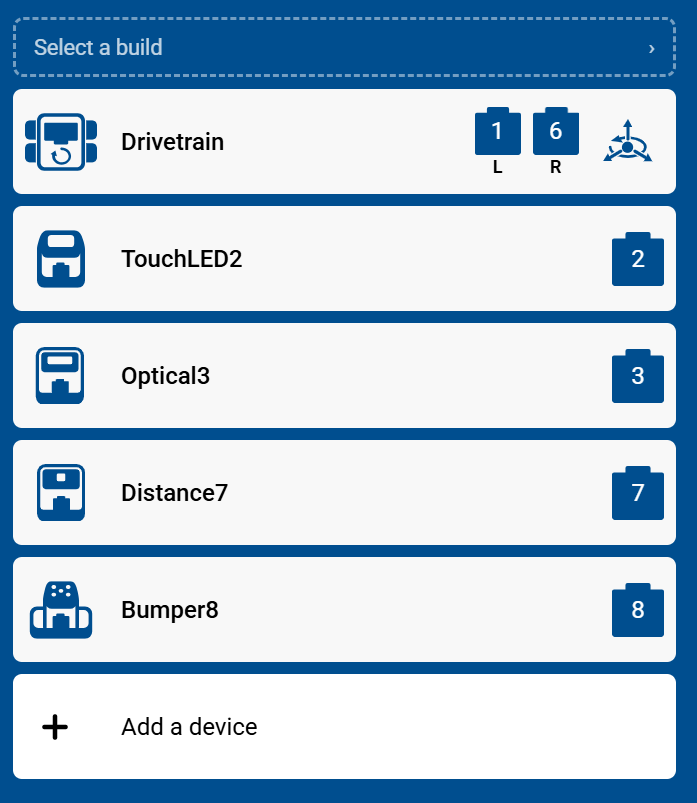 Captura de pantalla de la pestaña Dispositivos, que muestra los dispositivos Drivetrain, TouchLED2, Optical3, Distance7 y Bumper8 agregados desde la compilación.