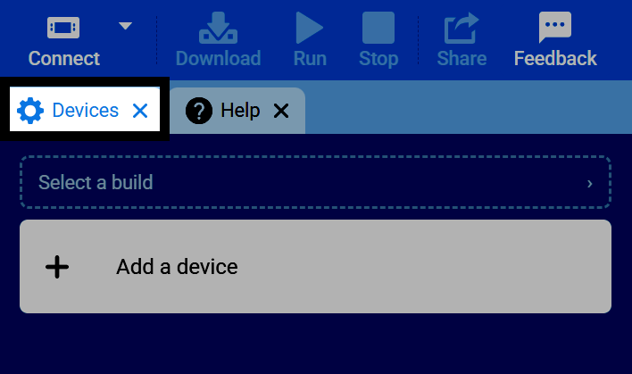 Screenshot of VEXcode's tab bar, with the Devices tab highlighted.