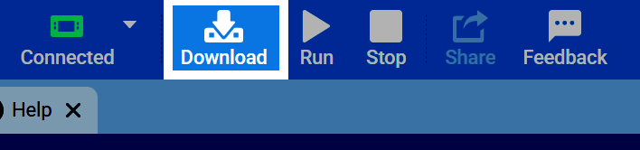 Captura de pantalla de la barra de herramientas de VEXcode IQ (2.ª generación) con el botón de descarga resaltado.