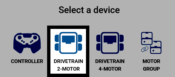 Screenshot of the Select a device screen, with Drivetrain 2-Motor highlighted.