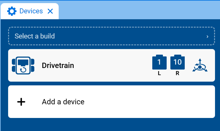 Screenshot of the Devices tab, showing Drivetrain in the list of devices with its left and right motor ports.