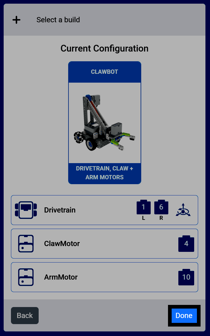 Captura de pantalla de la pantalla de Configuración actual para la compilación de Clawbot, Drivetrain, Claw + Arm Motors, que muestra los dispositivos Drivetrain, ClawMotor y ArmMotor, con el botón Listo resaltado.