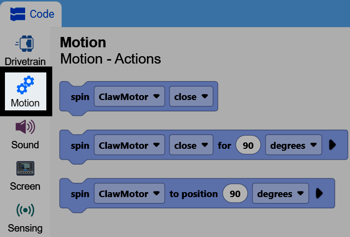 Captura de pantalla de la caja de herramientas con la categoría Movimiento abierta, que muestra los bloques ClawMotor de giro.