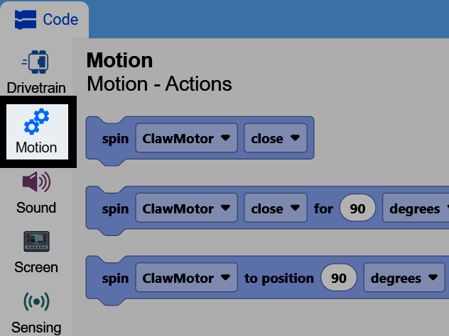 Captura de pantalla de la caja de herramientas con la categoría Movimiento abierta, que muestra los bloques ClawMotor de giro.