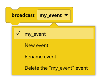Captura de pantalla del menú desplegable del bloque de transmisión abierto, que muestra la opción my_event junto con las opciones Nuevo evento, Cambiar nombre del evento y Eliminar el evento "my_event".