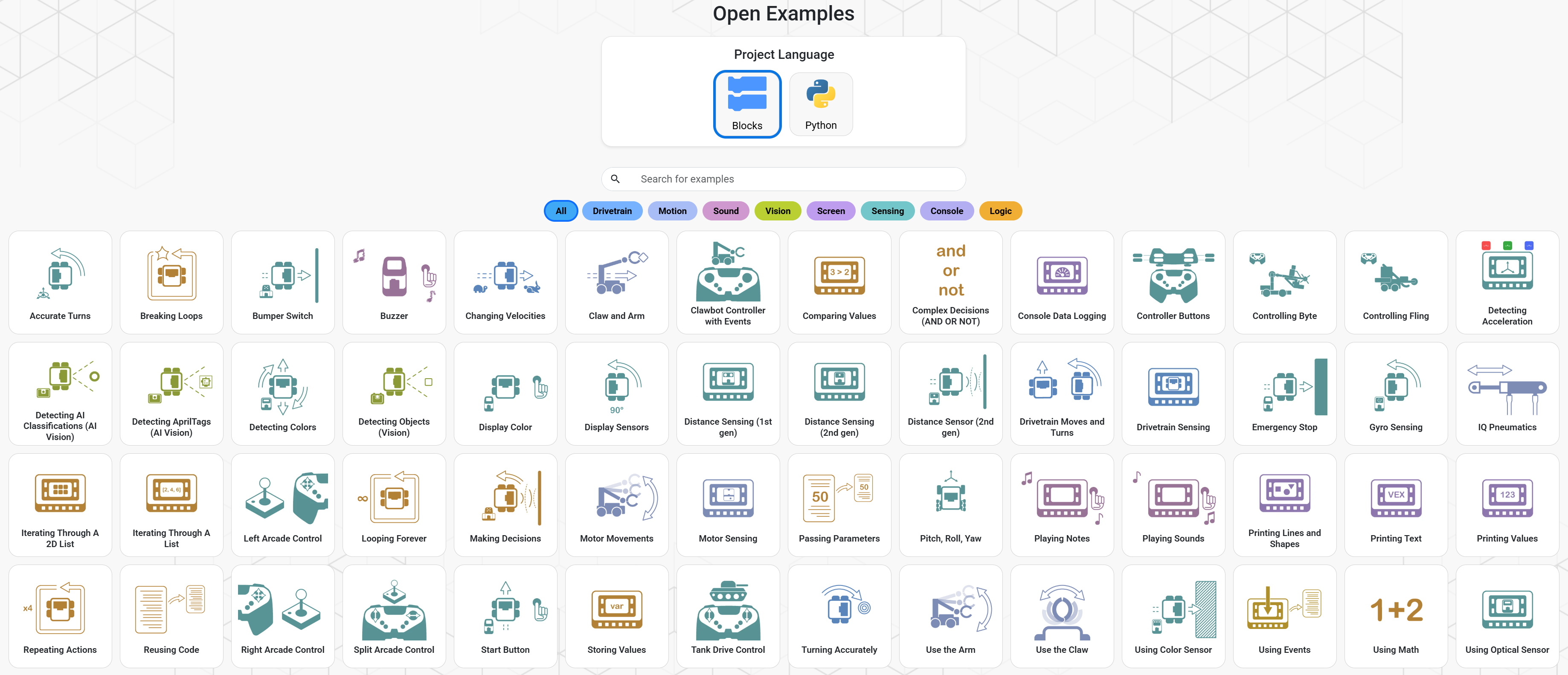 Captura de pantalla de la página de Ejemplos Abiertos, que muestra las opciones de Idioma del Proyecto y una cuadrícula de proyectos de ejemplo con filtros de categoría.