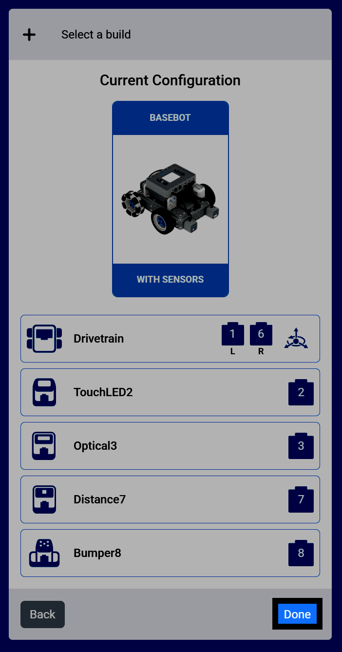 Captura de pantalla de la pantalla de Configuración actual, donde se muestran los dispositivos de la compilación y el botón Listo resaltado.