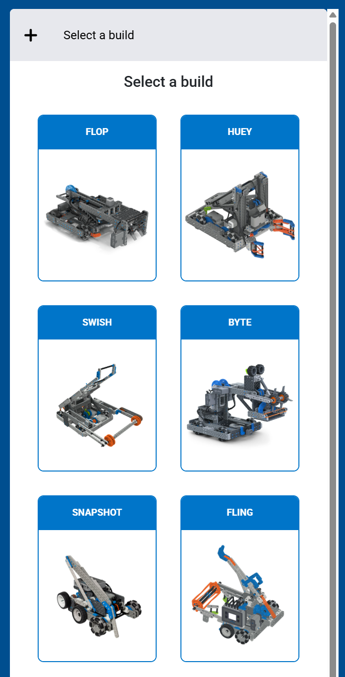Captura de pantalla de la pantalla "Seleccionar una configuración", que muestra una cuadrícula con las configuraciones de robot disponibles.