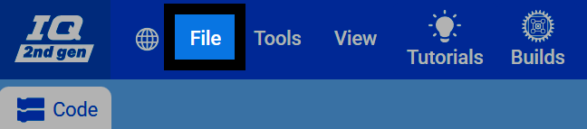 Captura de pantalla de la barra de herramientas de VEXcode IQ (2.ª generación), con el menú Archivo resaltado.
