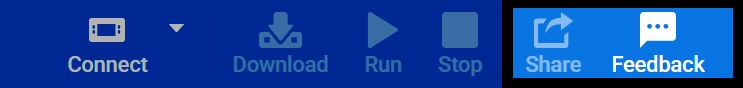 Screenshot of the VEXcode toolbar, with the Share and Feedback buttons highlighted.