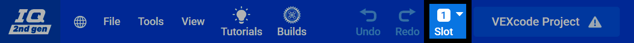 Screenshot of the VEXcode toolbar, with the Slot selector highlighted.