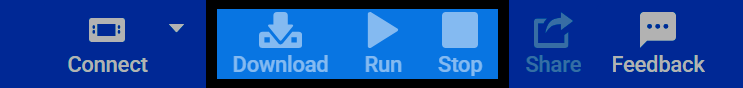 Screenshot of the VEXcode toolbar, with the Download, Run, and Stop buttons highlighted.