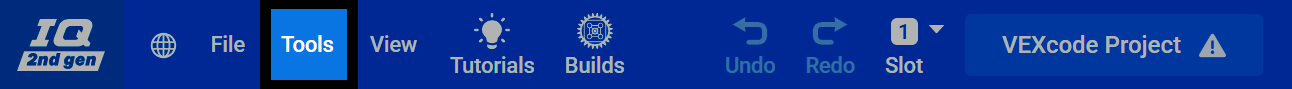 Screenshot of the VEXcode toolbar, with the Tools menu highlighted.