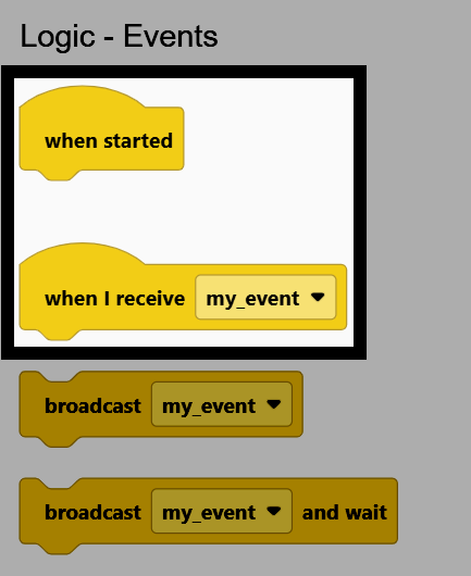 Captura de pantalla de la categoría Lógica - Eventos de la caja de herramientas, con los bloques "cuando se inicia" y "cuando recibo" resaltados.