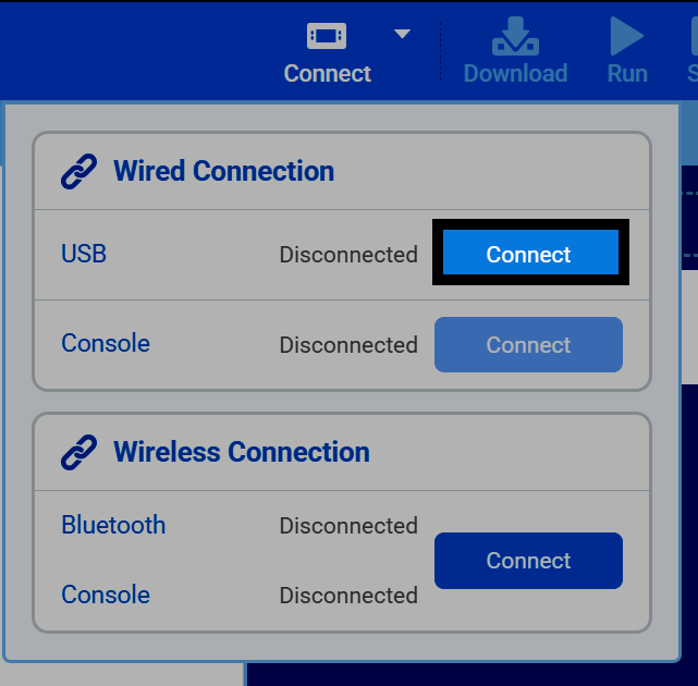 Captura de pantalla del cuadro de diálogo Conectar, con el botón Conectar resaltado en la sección Conexión por cable, junto a USB.