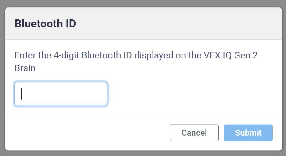 Captura de pantalla del cuadro de diálogo de identificación de Bluetooth, con un campo de texto para introducir la identificación de Bluetooth de 4 dígitos que se muestra en la pantalla del dispositivo.