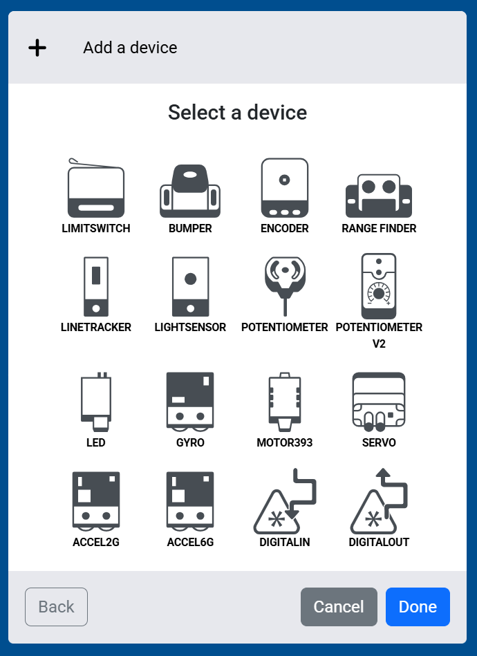 Captura de pantalla de la pantalla Seleccionar un dispositivo, que muestra los dispositivos de 3 cables disponibles, incluidos Interruptor de límite, Parachoques, Codificador, Telémetro, Rastreador de línea, Sensor de luz, Potenciómetro, LED, Giroscopio, Motor393, Servo, Acelerómetro y Entrada/Salida digital.