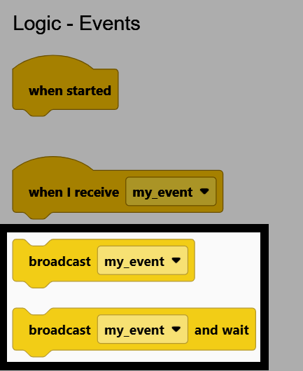 Captura de pantalla de la categoría Lógica - Eventos de la caja de herramientas, con los bloques de difusión y difusión y espera resaltados.