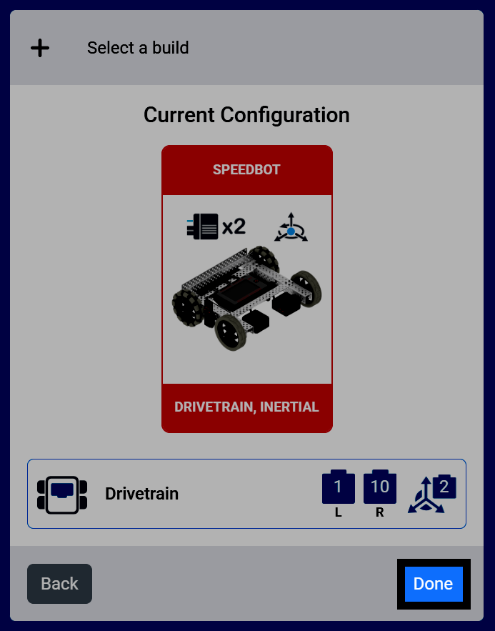 Captura de pantalla de la pantalla de Configuración actual para la configuración Speedbot, Drivetrain, Inercial, con el botón Listo resaltado.