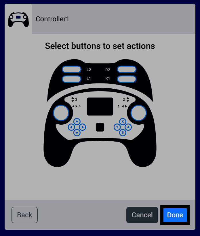 Captura de pantalla de la pantalla de selección de botones para configurar las acciones, con el botón "Listo" resaltado.