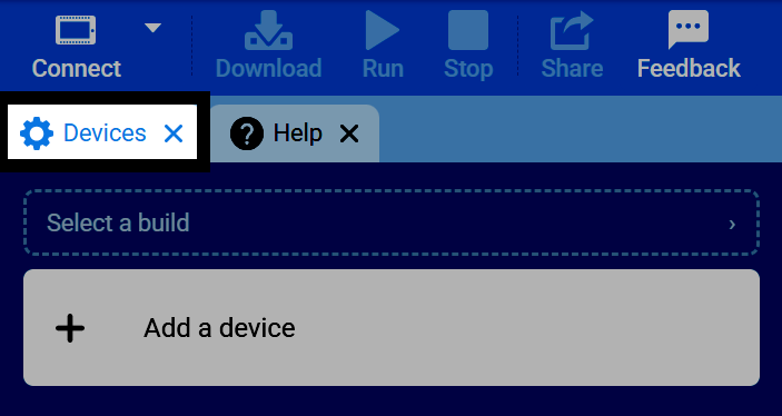 Captura de pantalla de la barra de pestañas de VEXcode, con la pestaña Dispositivos resaltada.