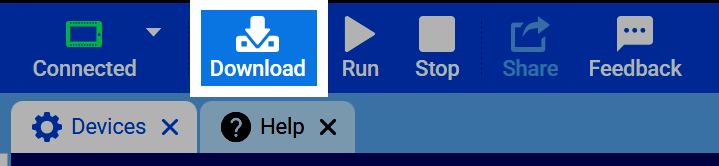 Captura de pantalla de la barra de herramientas de VEXcode con el botón de descarga resaltado.