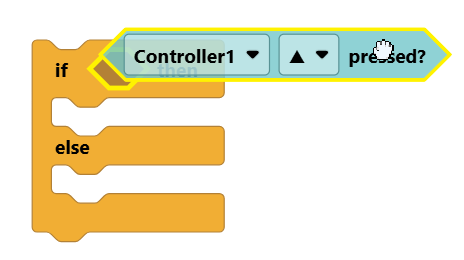 Un bloque booleano de control pulsado (▲) se arrastra hacia la ranura de condición vacía de un bloque if/else.