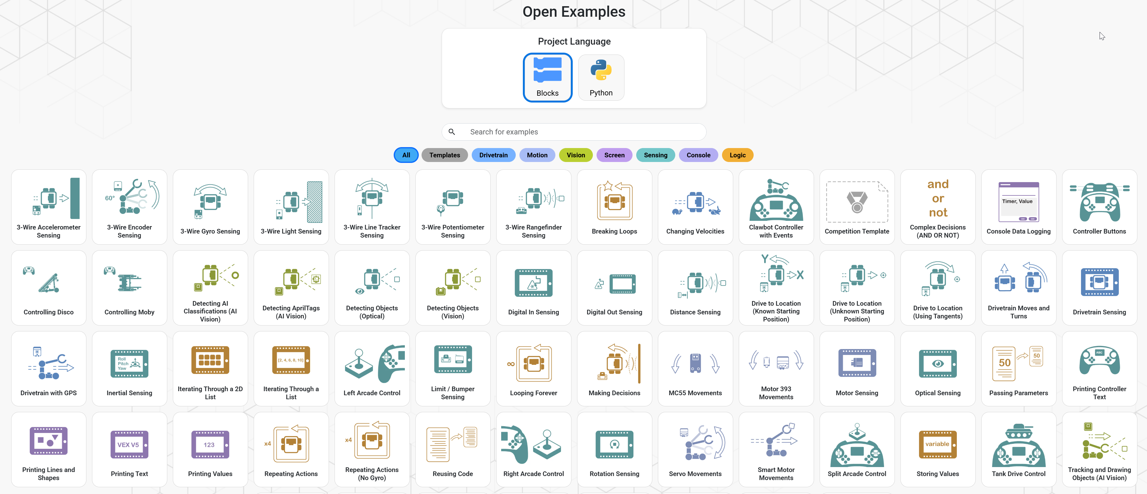 Captura de pantalla de la página Ejemplos abiertos, que muestra las opciones de lenguaje del proyecto y una cuadrícula de proyectos de ejemplo con filtros de categoría, que incluyen Plantillas, Tren motriz, Movimiento, Visión, Pantalla, Sensores, Consola y Lógica.