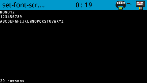 Captura de pantalla de TA de la pantalla V5 Brain con números y letras impresos en blanco en la esquina superior izquierda en fuente MONO 12. Muestra AZ en una línea, que ocupa aproximadamente un cuarto del ancho de la pantalla. En la esquina inferior izquierda se lee 80 columnas y 20 filas.