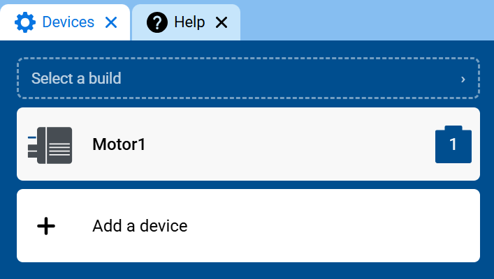 Captura de pantalla de la pestaña Dispositivos, donde se muestra Motor1 en la lista de dispositivos.