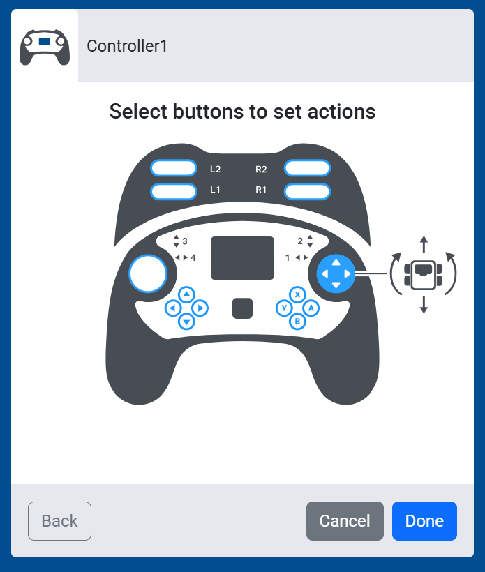 Captura de pantalla de la pantalla de selección de botones para configurar las acciones, donde se muestra el joystick derecho configurado para controlar el movimiento y el giro del sistema de transmisión simultáneamente.