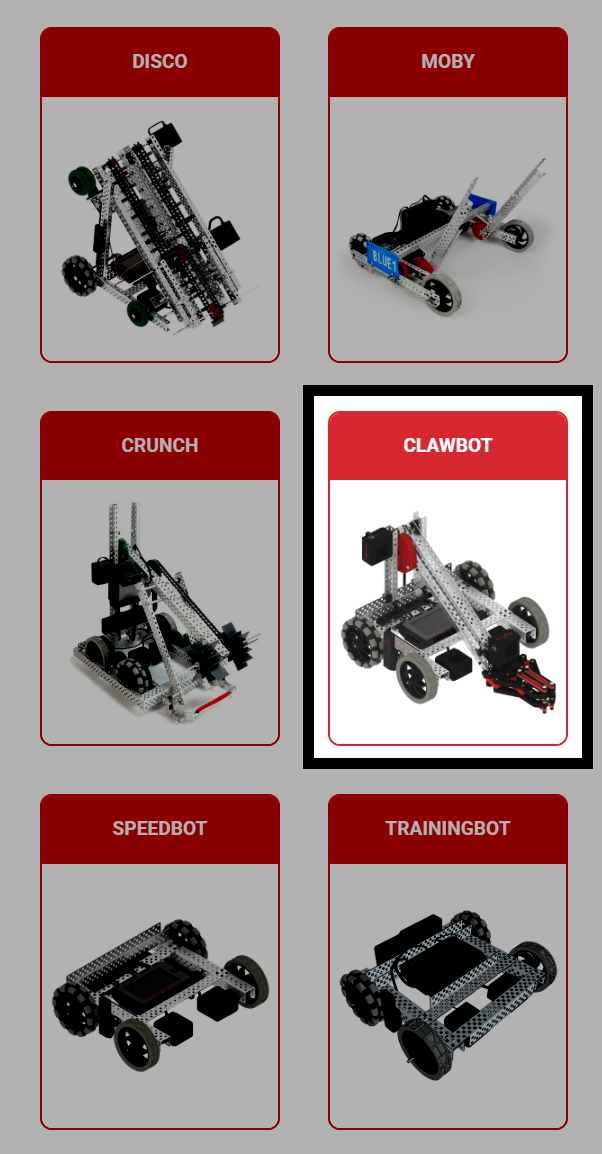 Captura de pantalla de la pantalla de selección de construcción, donde se muestra la construcción del robot garra resaltada entre otras construcciones de robots.