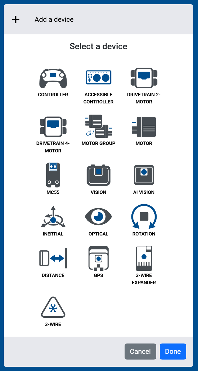Captura de pantalla de la pantalla "Seleccionar un dispositivo", que muestra los sensores Smart Port disponibles, junto con una opción de 3 cables.