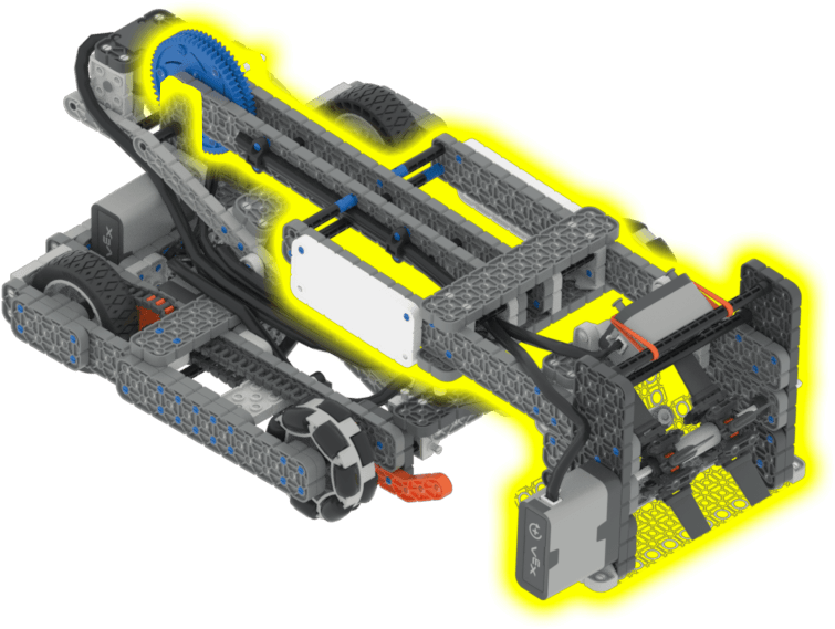 El robot héroe, Flop, con el motor de su brazo resaltado en amarillo.