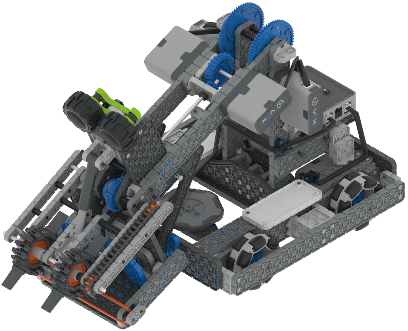 Ventana del robot VEXcode VR que muestra el Byte Robot. Muestra al robot levantando y moviendo bloques con un brazo y un grupo de motores de entrada.