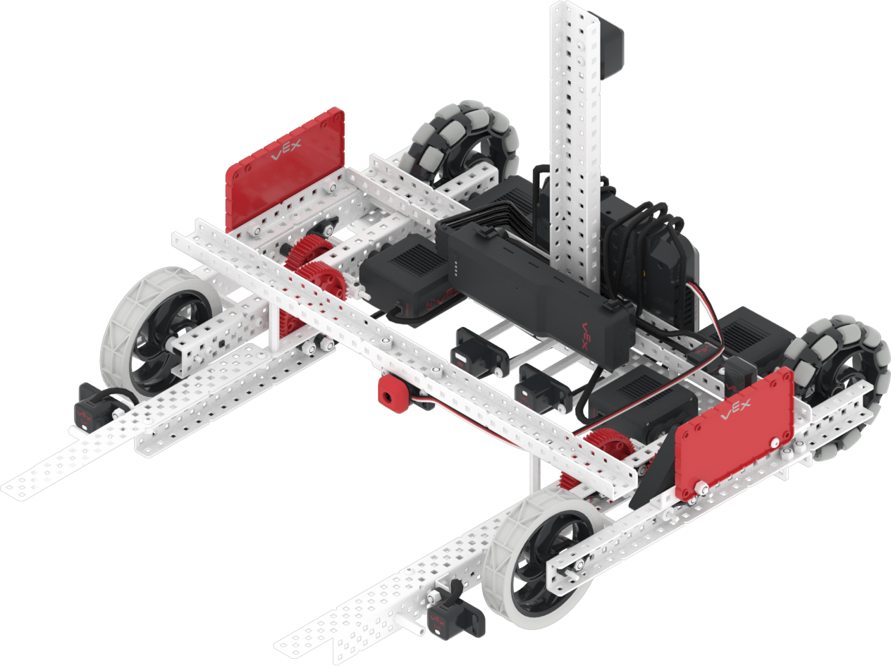 Ventana del robot VEXcode VR que muestra el robot Moby. Muestra al robot levantando horquillas para transportar y anotar anillos y goles móviles.