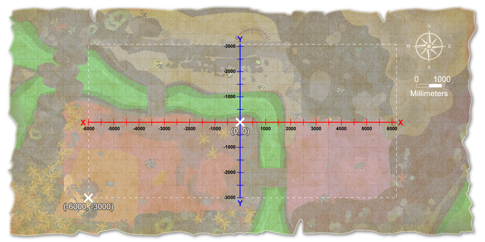 Diseño de cuadrícula de Rover Rescue que muestra zonas, minerales, base, enemigos, obstáculos y detalles de peligros para el juego de realidad virtual.