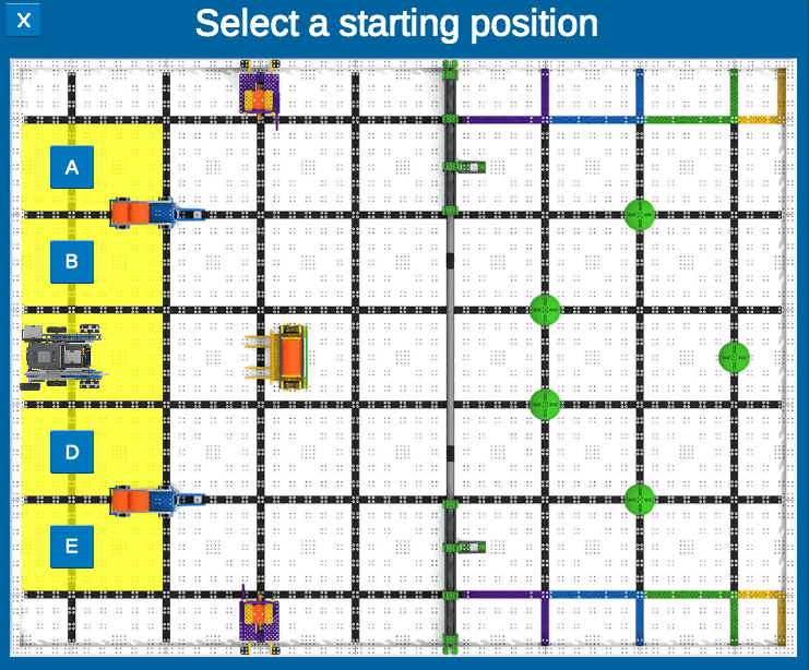 Diseño del campo para el IQ Slapshot Playground con posiciones iniciales de la A a la E.