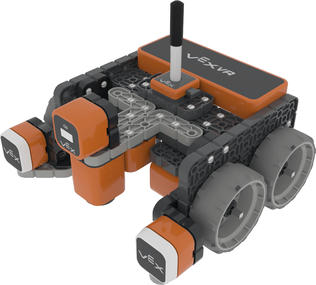 Ventana del robot VR de VEXcode que muestra el robot VR estándar. Muestra al robot moviéndose y girando, detectando objetos con sus sensores y dibujando en el Playground.