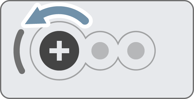 A VEX EXP Motor showing the forward direction indicated by a plus sign and an arrow indicating it is rotating left, or counterclockwise.