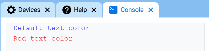 The VEXcode Console, showing the Console and blue-colored text saying "Default text color" displayed on the first line and red-colored "Red text color" on the second line.