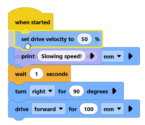 Screenshot of a group of blocks being dragged and inserted between a when started block and the rest of a stack of blocks.