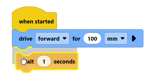 Screenshot of a wait block being dragged to attach below a drive for block.