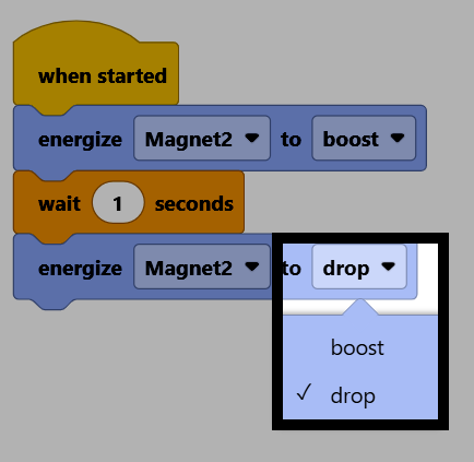 Screenshot of the finished project, with the second energize magnet block's dropdown open, showing boost and drop options, and drop selected.