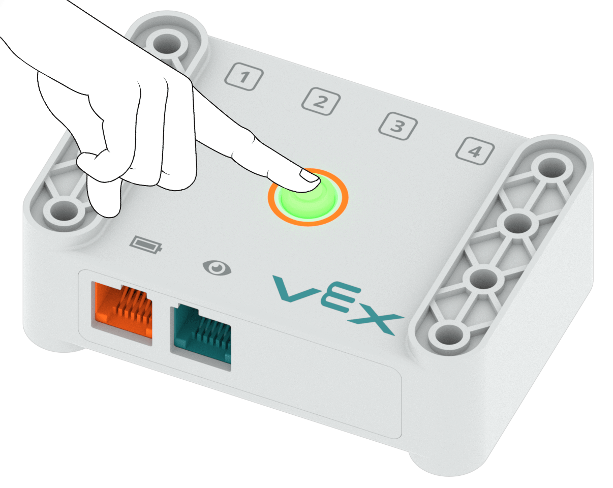 Photo of a finger pressing the power button on the VEX GO Brain.