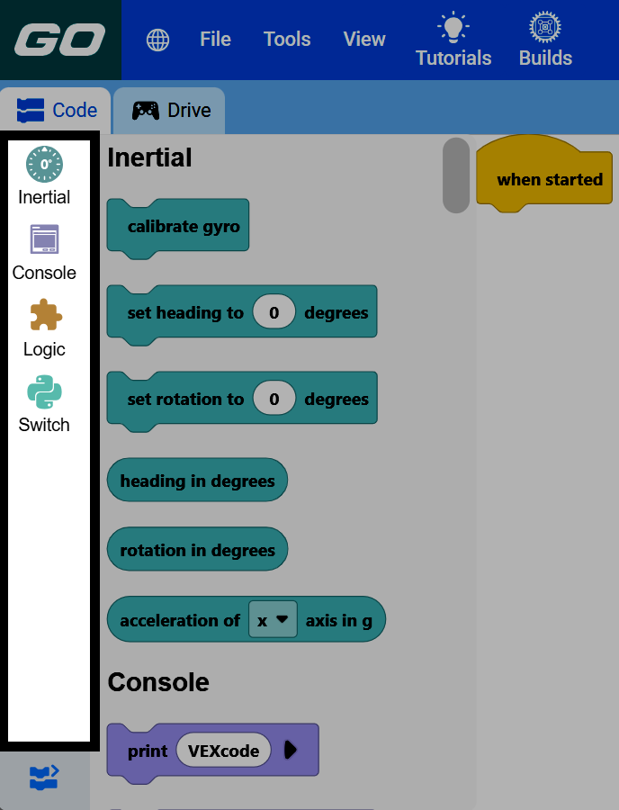 Screenshot of the VEXcode GO window, with the block categories on the left side of the screen highlighted.