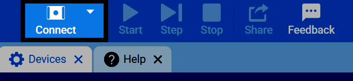 Screenshot of the VEXcode GO toolbar, with the Connect button highlighted.