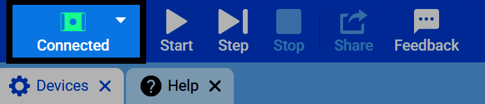Screenshot of the VEXcode GO toolbar, showing the Connect button in a Connected state.