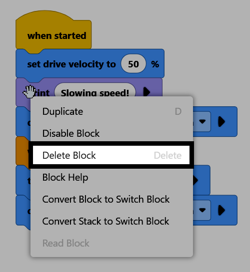 Screenshot of the right-click context menu on a print block, with Delete Block highlighted.
